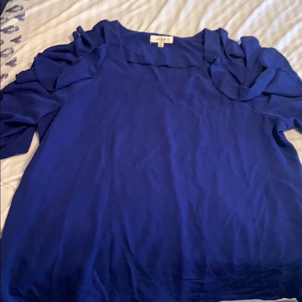 royal blue cold shoulder blouse.
